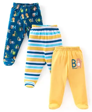 Babyhug 3 Pack Cotton Knit Booties Pants With Striped & Animals Print - Navy Blue & Yellow