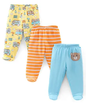 Babyhug Cotton Knit Footed Bootie Leggings Bear & Vehicles Printed Set of 3 - Multicolor