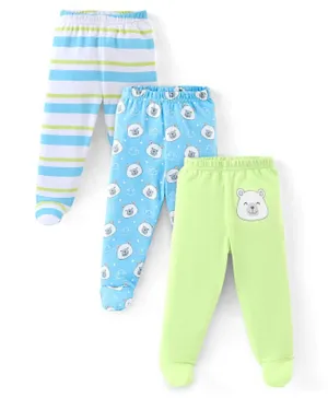 Babyhug 3 Pack Cotton Footed Bootie Leggings Striped & Polar Bear Print  - Blue & Green