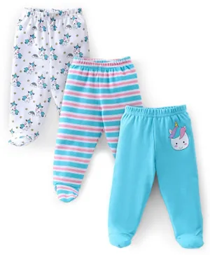 Babyhug Cotton Knit Footed Bootie Leggings Set Stripes & Unicorn Printed of 3 - Multicolor