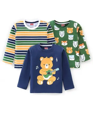 Babyhug 3 Pack 100% Cotton Knit Full Sleeves T-Shirt with Bear Graphics - Multicolour