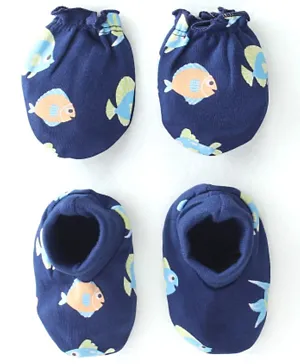 Babyhug 100% Cotton Knit Mitten & Booties Marine Life Print - Navy Blue