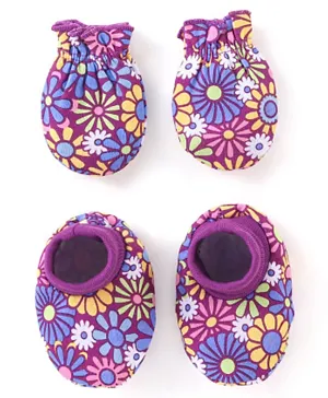 Babyhug 100% Cotton Knit Mitten & Booties Floral Print - Purple