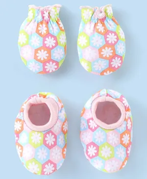 Babyhug 100% Cotton Knit Mittens & Booties Set Floral Print - Pink