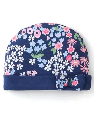 Babyhug 100% Cotton Knit Cap Floral Printed with Bow Applique- Navy Blue