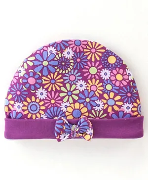 Babyhug 100% Cotton Knit Cap Floral Print - Purple