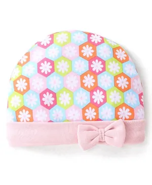 Babyhug 100% Cotton Knit Cap Floral Printed with Bow Applique- Pink