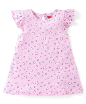 Babyhug Cotton Knit Frill Sleeves Nighty with Stars Print - Pink