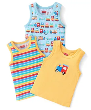 Babyhug 100% Cotton Sleeveless Antibacterial Sando Vests Stripes & Train Print Pack of 3 - Blue Red & Yellow