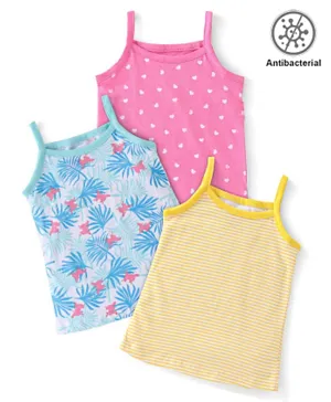 Babyhug 100% Cotton Sleeveless Antibacterial Slips Stripes & Hearts Print Pack of 3 - Blue Pink & Yellow