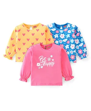 Babyhug Cotton Knit Full Sleeves T-Shirts Floral & Heart Print Pack of 3 - Pink Yellow & Blue