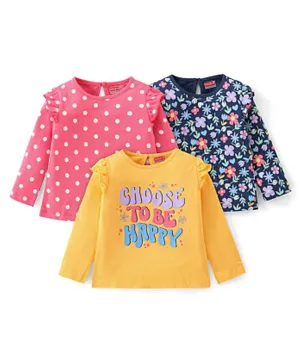 Babyhug Cotton Knit Full Sleeves Floral & Text Print T-Shirts Pack of 3 - Pink Blue & Yellow