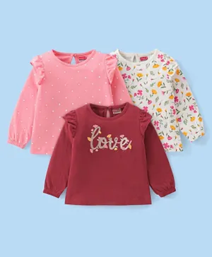 Babyhug Cotton Knit Full Sleeves Floral & Text Print T-Shirts Pack of 3 - Pink Maroon & Green