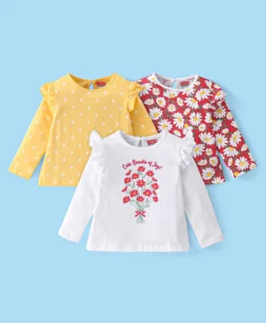 Babyhug 100% Cotton Knit Full Sleeves Tees With Frill Detailing & Floral Graphics Pack of 3- Red White & Yellow