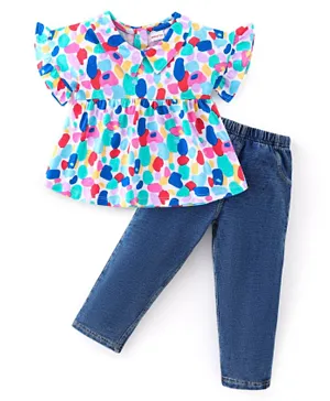 Babyhug 100% Cotton Knit Half Sleeves Top & Jeans With Dots Print - White & Blue