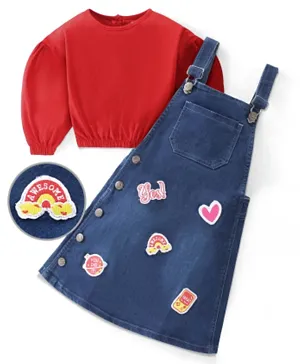 Ollington St. 100% Cotton Full Sleeves Oversized Top And Stretchable Denim Pinafore with Badges - Red & Indigo