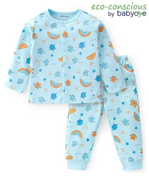 Babyoye 100% Cotton with Eco Jiva Finish Full Sleeves Night Suit Space Print - Blue