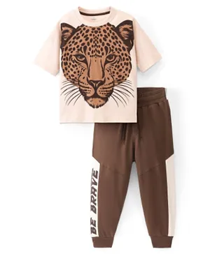 Ollington St. 100% Cotton Boxy Fit T-Shirt with Knitted Joggers Tiger Printed - Off White  & Brown