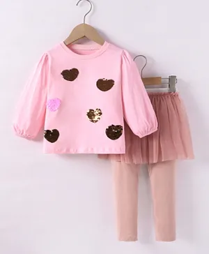 SAPS Heart Embellished Top & Skirted Pant Set - Pink