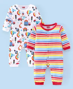 Babyhug 100% Cotton Striped Rompers Trucks Print Pack of 2 - Multi Color