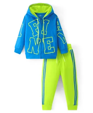 Ollington St. 100% Cotton Full Sleeves Front Zipper Hoodie & Joggers Set with Text Print - Blue & Lime Green