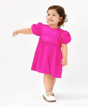 Bonfino Woven Half Sleeves Party Dress with Back Bow Detailing Solid Colour - Pink