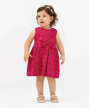 Bonfino Woven Sleeveless Floral Textured Fit and Flare Party Ware Dress with Bow Detailing - Pink