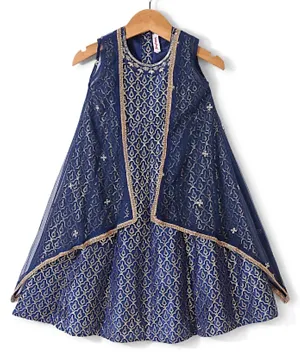 Babyhug Sleeveless Foil Printed Long Ethnic Dress with Embroidered Net Jacket - Navy