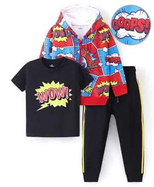 Ollington St. Multi Piece Set Of Full Sleeves Front Zipper Hooded Sweatshirt Cotton T-Shirt & Joggers Set with Comic Print - Red & Black