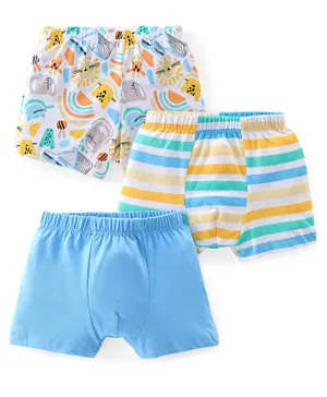 Babyhug 100% Cotton Knit Single Jersey Solid Stripe & Animal Print Trunks Pack of 3 - Blue & White
