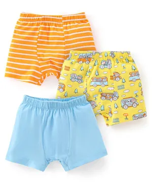 Babyhug 100% Cotton Trunk Striped & Car Print Pack Of 3 - Orange Yellow & Blue