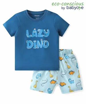 Babyoye Cotton Modal Knit Half Sleeves Night Suit Text & Dino Print- Blue