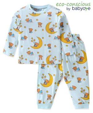 Babyoye Cotton Modal Full Sleeves Night Suit With Teddy Print - Blue