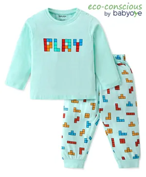 Babyoye Cotton Modal Full Sleeves Night Suit With Text Print - Blue