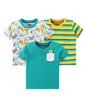 Babyhug 100% Cotton Knit Half Sleeves T-Shirt Stripes & Lion Print Pack Of 3 - Multicolor
