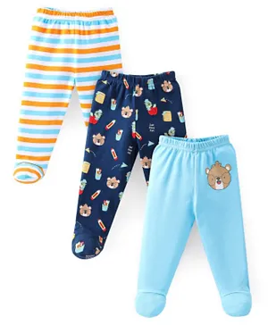 Babyhug 3 Pack Cotton Footed Bootie Leggings Striped & Bear Print - Blue & Orange