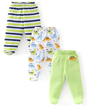 Babyhug Cotton Footed Bootie Leggings Striped & Dino Print Pack Of 3 - Multi Color