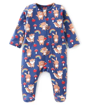 Babyhug Cotton Knit Full Sleeves Footed Sleep Suit Raccoon & Bunny Print - Navy Blue
