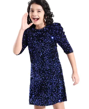 Hola Bonita Velvet Puffed Half Sleeves Party Wear Dress with Sequin Detailing - Navy Blue