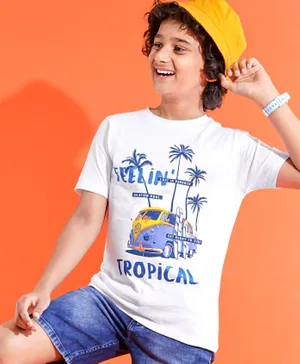 Pine Kids 100% Cotton Half Sleeves T-Shirt Tropical Print - Snow White