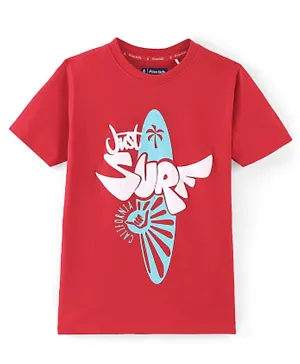 Pine Kids Half Sleeves Biowashed 100% Cotton Text Printed T-Shirt - Racing Red