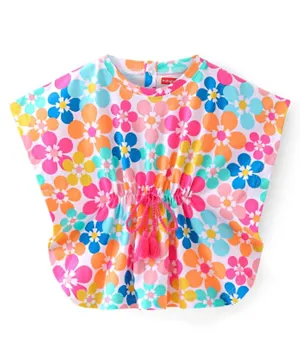 Babyhug 100% Cotton Knit Half Sleeves Kaftan Style Top With Tassel Detailing & Floral Print - Multicolor