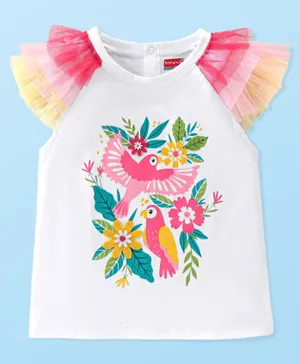 Babyhug Cotton Knit Half Sleeves Top With Floral Graphics & Frill Detailing - White
