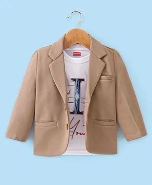 Babyhug Full Sleeves Party Wear Blazer with Graphic Printed T-Shirt - Beige