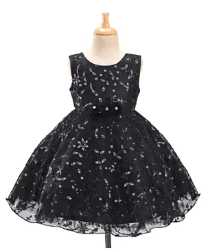 Babyhug Woven Sleeveless Party Frock with Floral Sequin Corsage & Net Detailing - Black