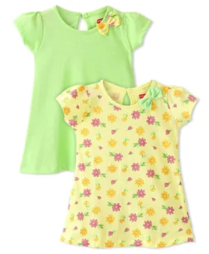 Babyhug 100% Cotton Half Sleeves Frocks With Floral Print Pack Of 2 - Green & Yellow