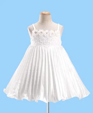 Babyhug Sleeveless Pleated Satin Party Frock with Floral Applique -  Off White