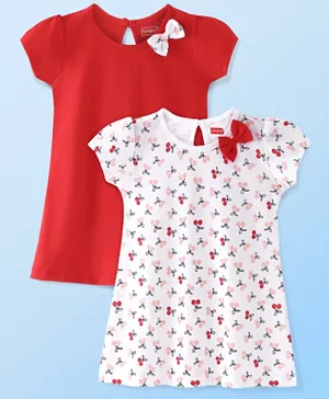 Babyhug Single Jersey Knit Half Sleeves Frock with Solid & Cherry Print & Bow Applique Pack of 2 - White & Red