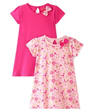 بيبي هاغ - فستان مصنوع من القطن بنسبة 100% بنصف أكمام مزين بفيونكة وطبعة زهور - قطعتين - وردي
