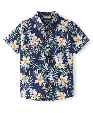 Pine Kids Cotton Half Sleeves All Over Floral Printed Shirt - Navy Blue